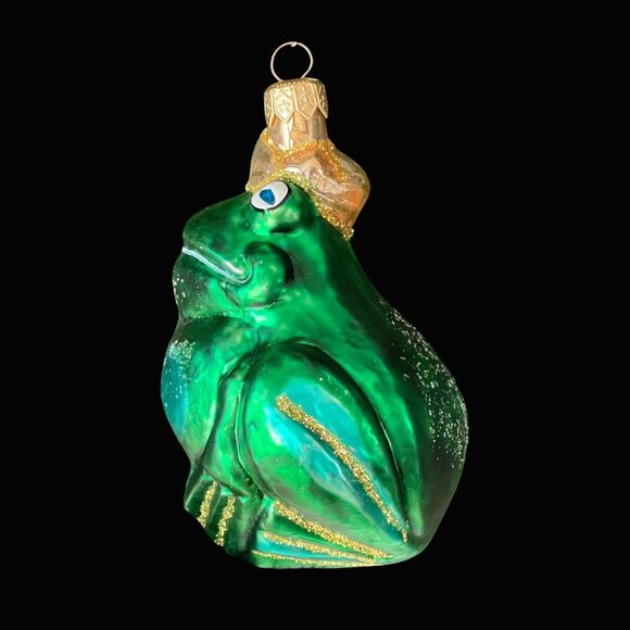 Vintage Hand Blown Glass Christmas Ornament Green Prince Frog Crown 4.5” - Picture 2 of 9